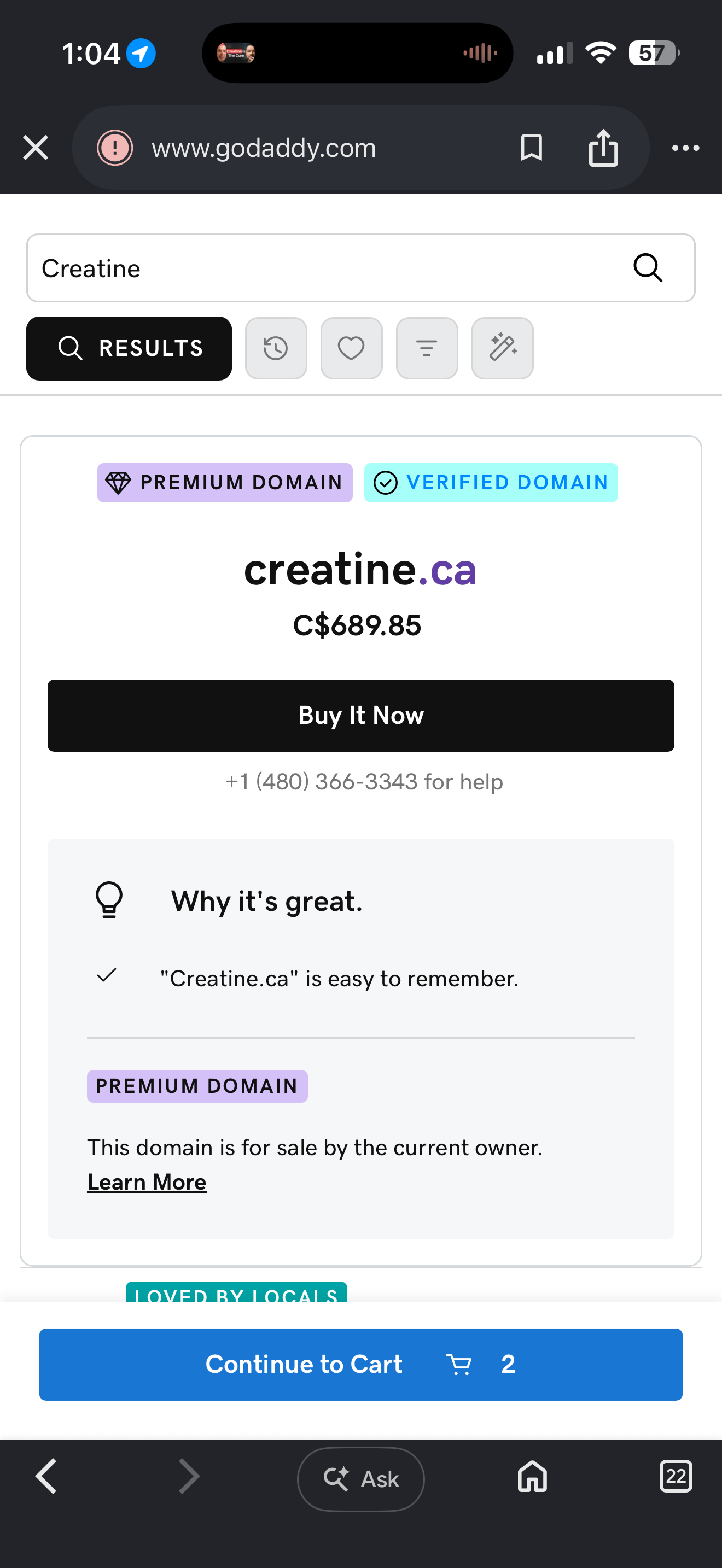 creatine.ca listed as a premium, verified domain on GoDaddy for C$689.85