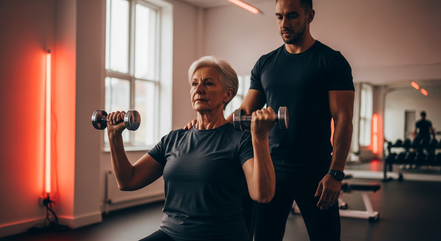 Active older adult lifting dumbbells with a trainer in a bright gym