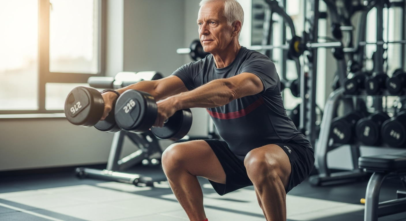 Older adult performing a weighted squat, illustrating load-bearing exercise for bone