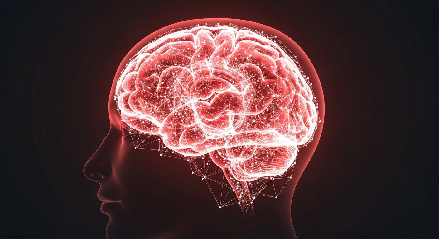 Abstract glowing brain with neural connections on a dark background
