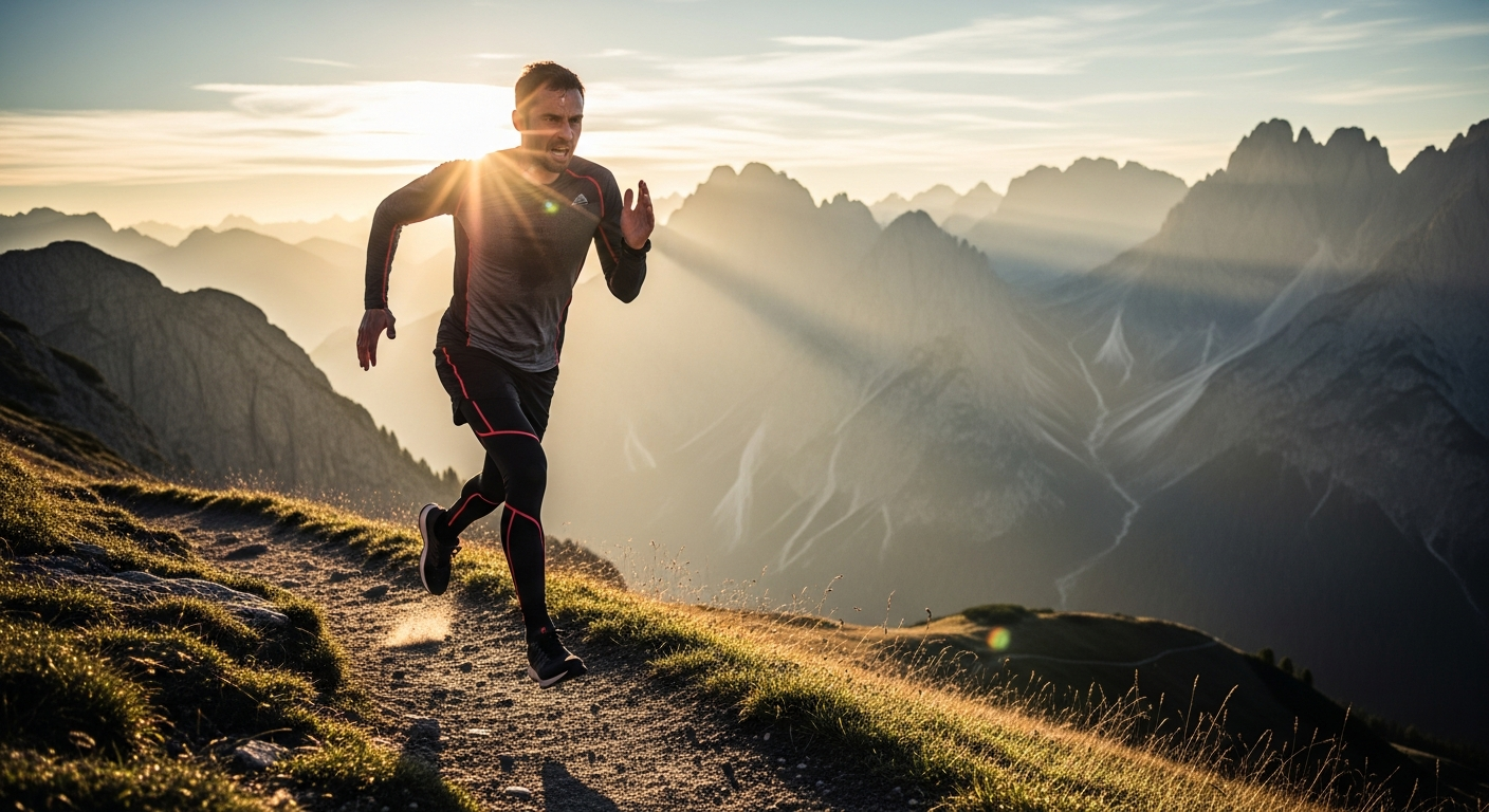 Coureur de fond accélérant en montée sur un sentier pittoresque au lever du soleil