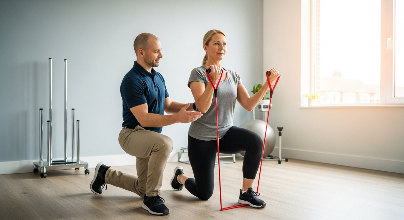 Person doing guided rehabilitation exercises with a physiotherapist