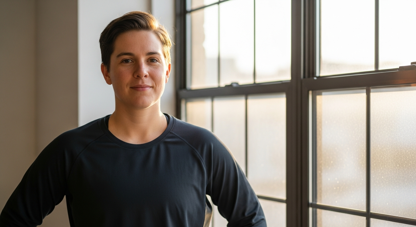 Person looking calm and clear-headed by a bright window