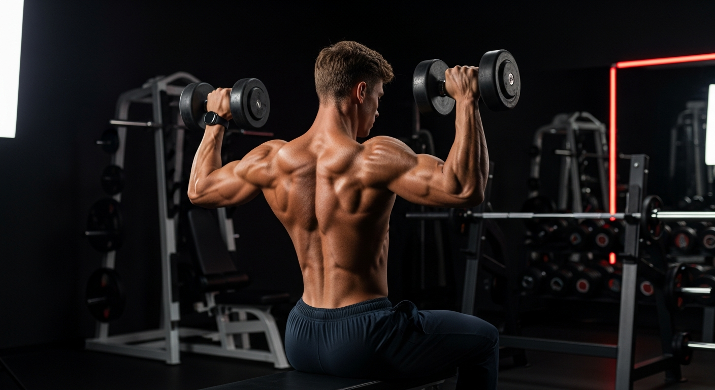 Athlète musclé effectuant un rowing avec haltère, montrant une musculature maigre