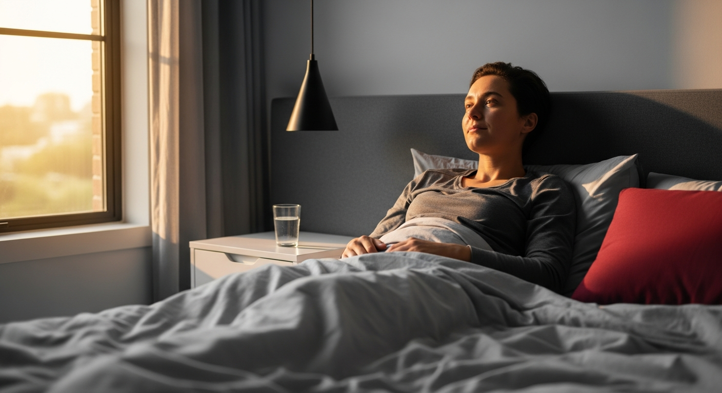 Person waking rested at dawn beside a glass of water on a nightstand