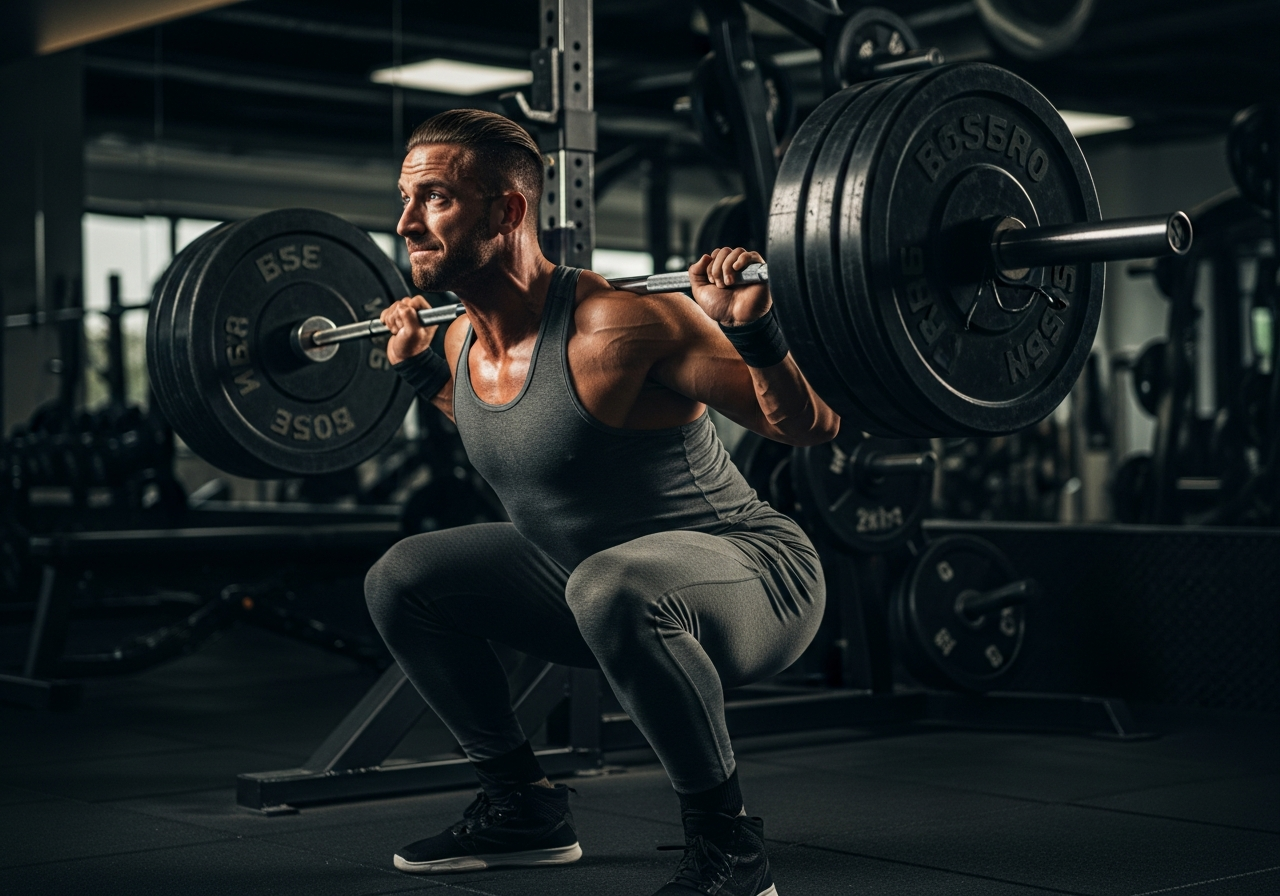Athlète effectuant un squat lourd avec barre, illustrant la surcharge progressive