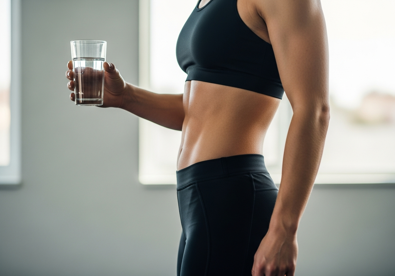 Personne athlétique mince tenant un verre d’eau, illustrant le poids d’eau par rapport au muscle