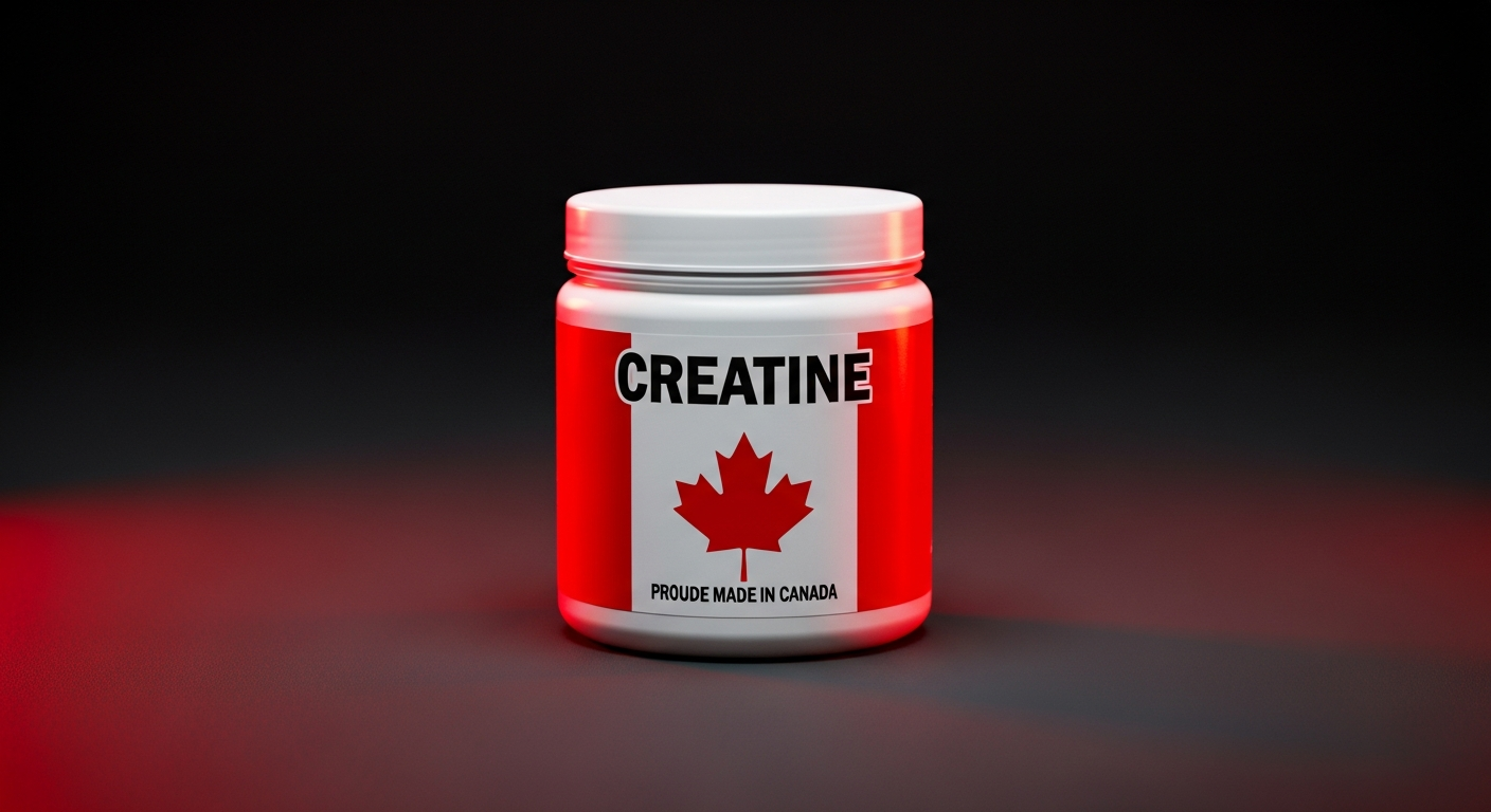 Pot de créatine fabriquée au Canada avec un motif de feuille d’érable rouge