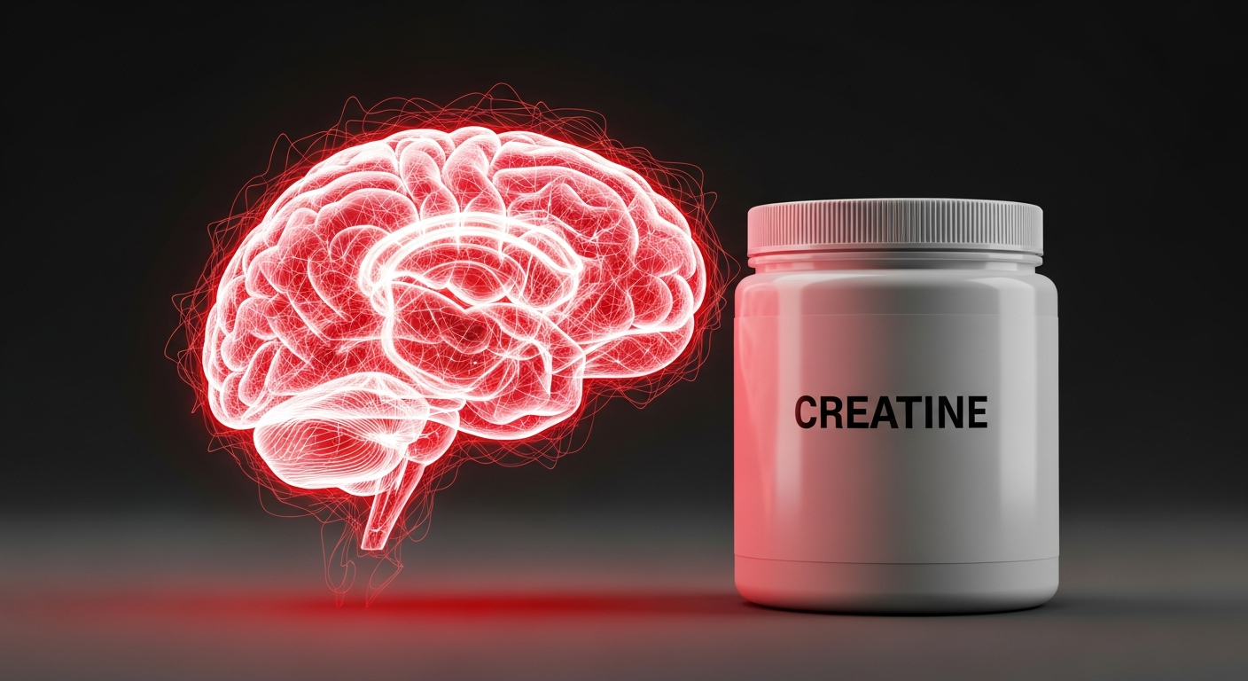 Glowing red and white brain of light beside a creatine tub