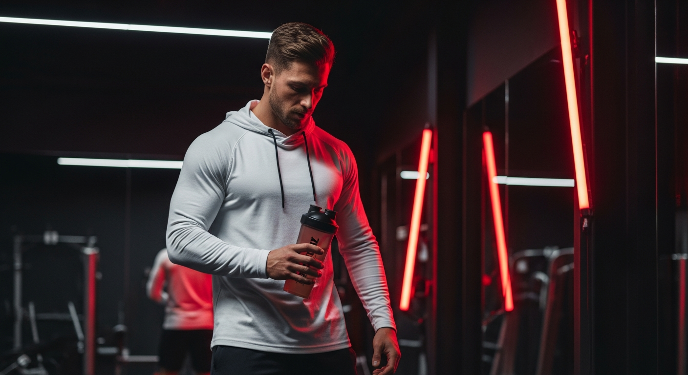Homme musclé en tenue de sport tenant un shaker dans un gym sombre