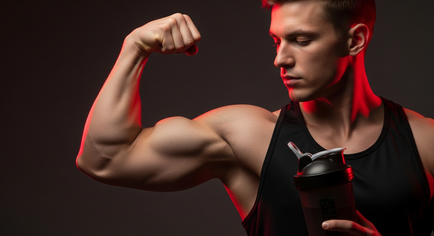Flexed muscular arm with a creatine shaker bottle