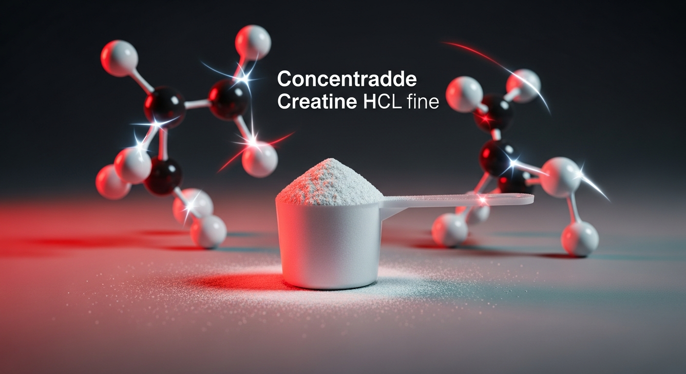 Poudre de créatine HCL concentrée avec des accents lumineux moléculaires