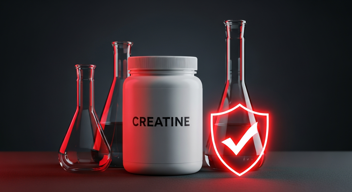Créatine testée en laboratoire avec verrerie et bouclier de certification