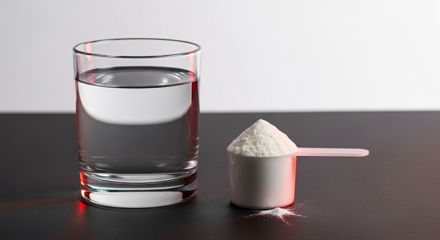 Glass of clear water beside a scoop of unflavoured creatine