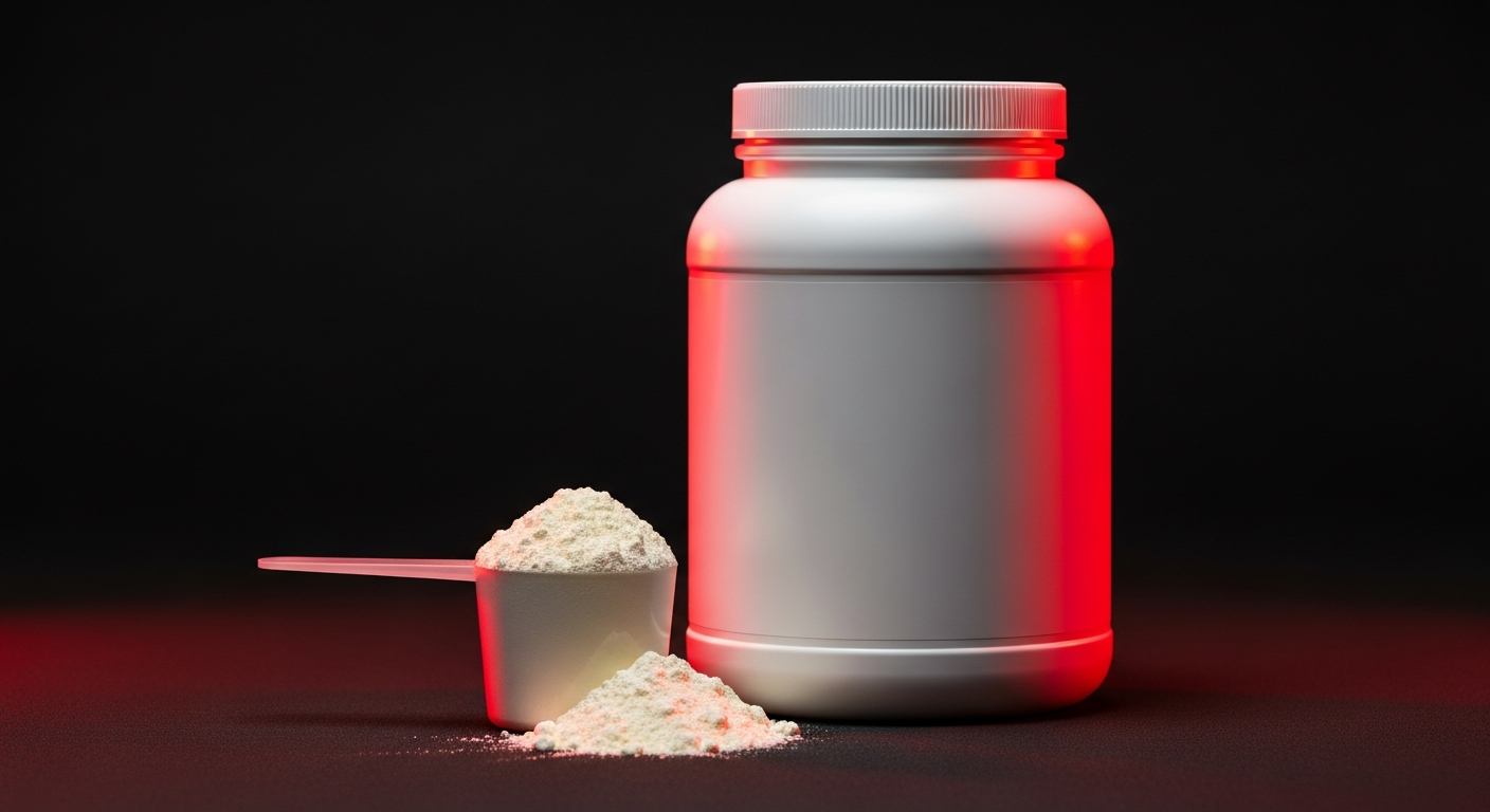 Large value-size tub of budget creatine powder with a full scoop