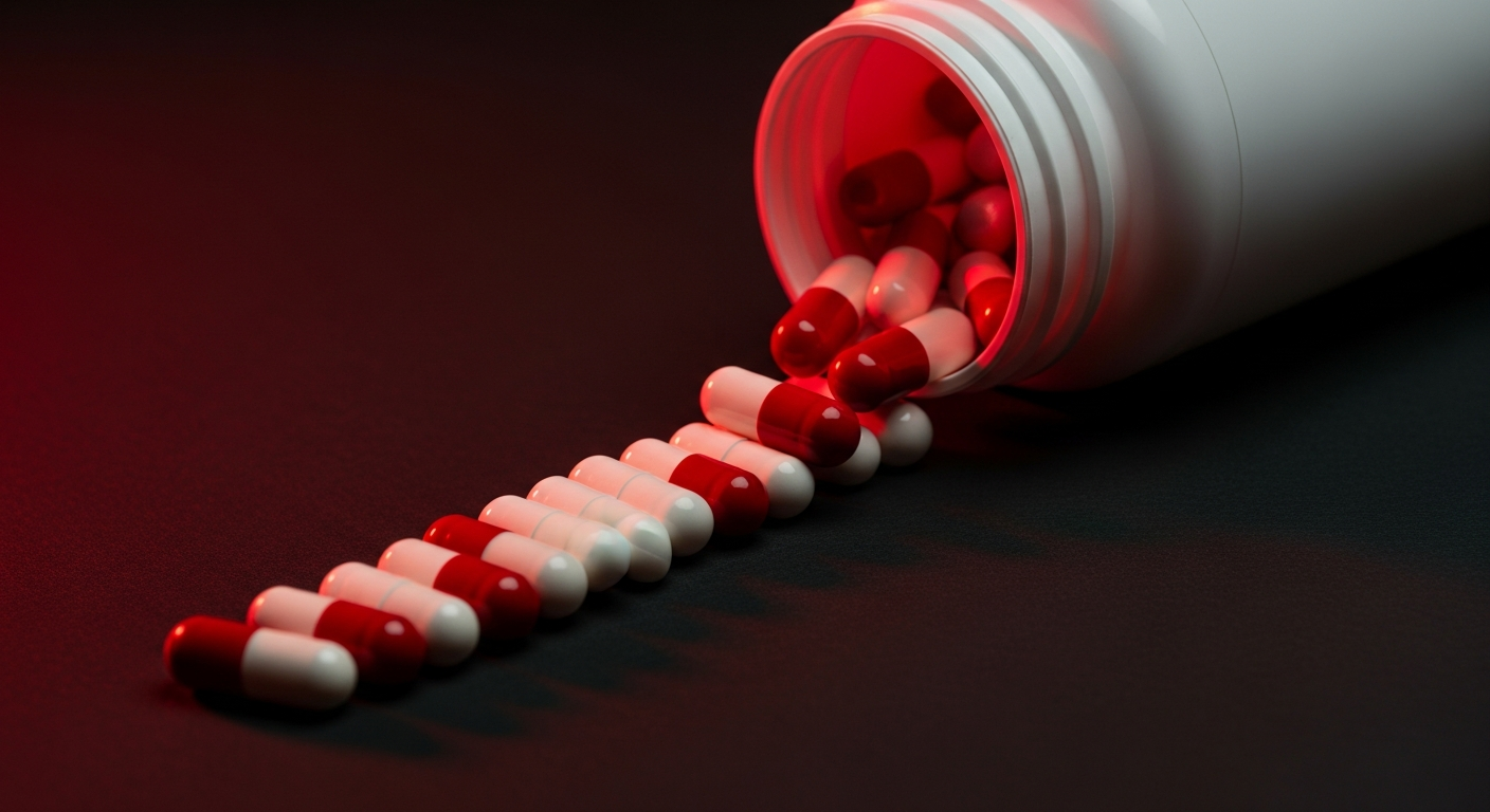 White and red creatine capsules spilling from a bottle