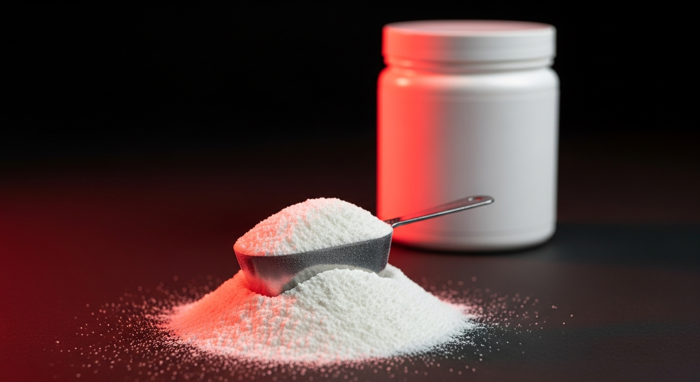 Pure white creatine monohydrate powder with a stainless steel scoop