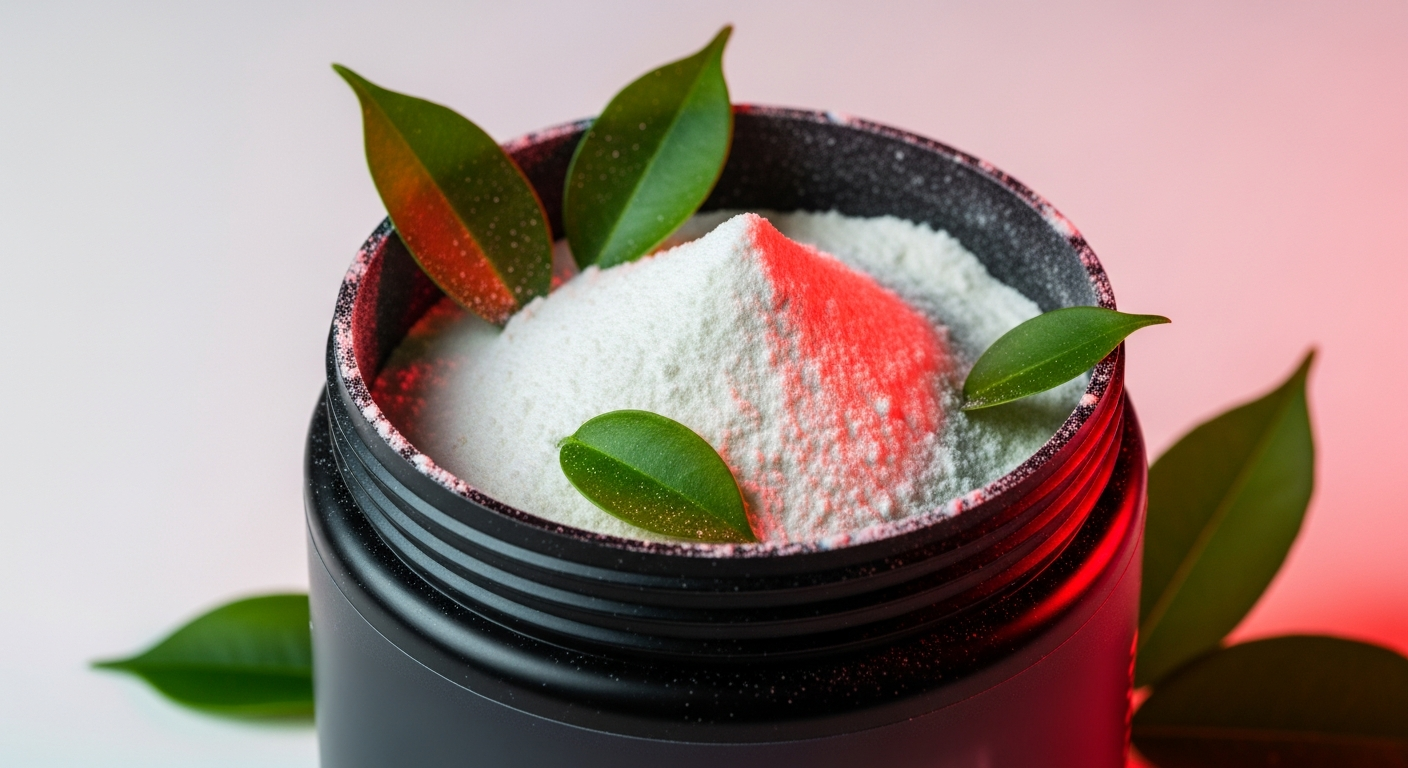 Plant-based creatine powder with fresh green leaves