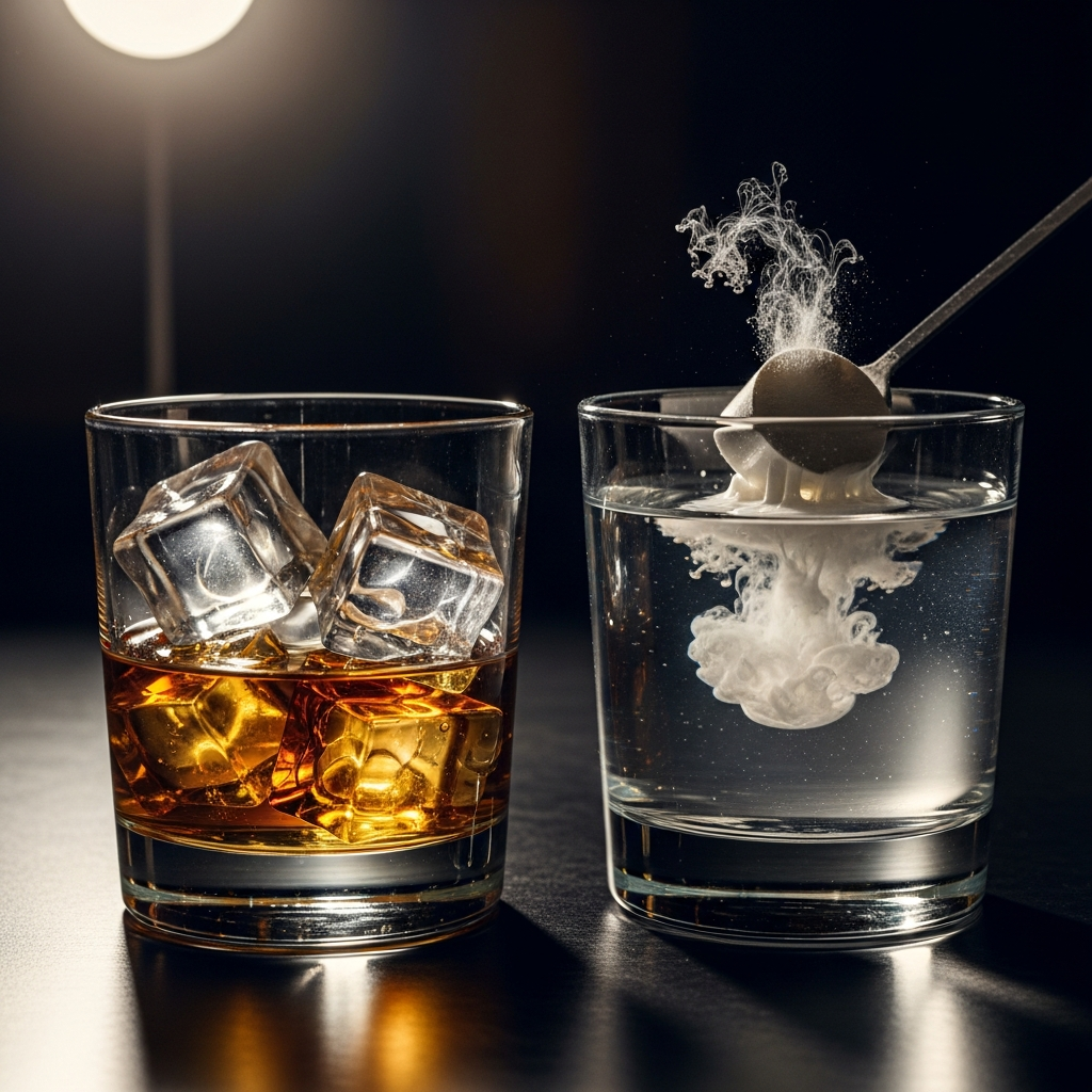 Whiskey glass and creatine water side by side on a bar counter