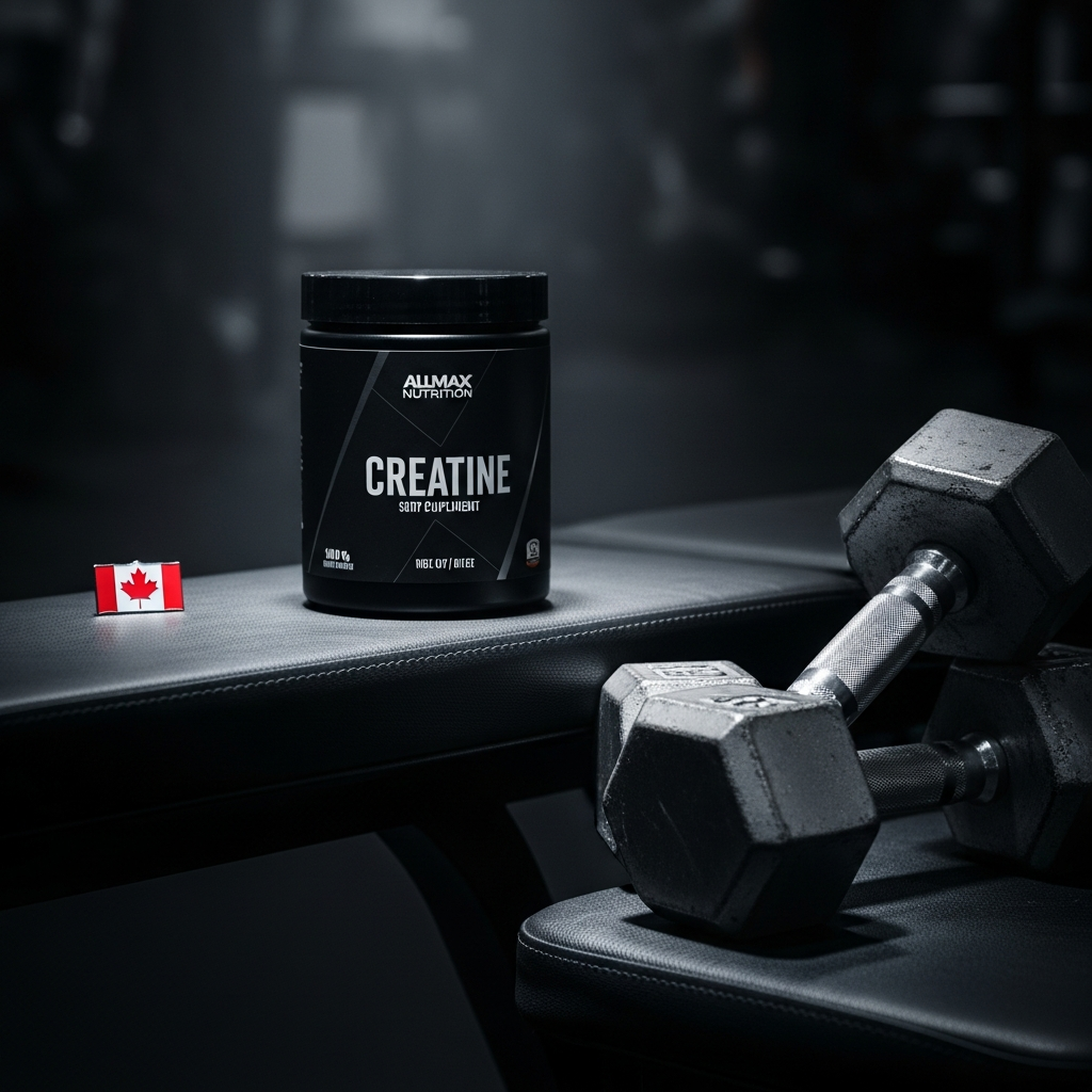 AllMax Nutrition creatine monohydrate container on a gym bench with weights in background