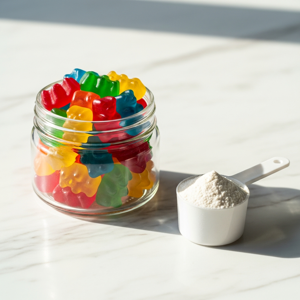 gummies de créatine dans un pot en verre à côté d’un contenant de poudre de créatine sur une surface blanche