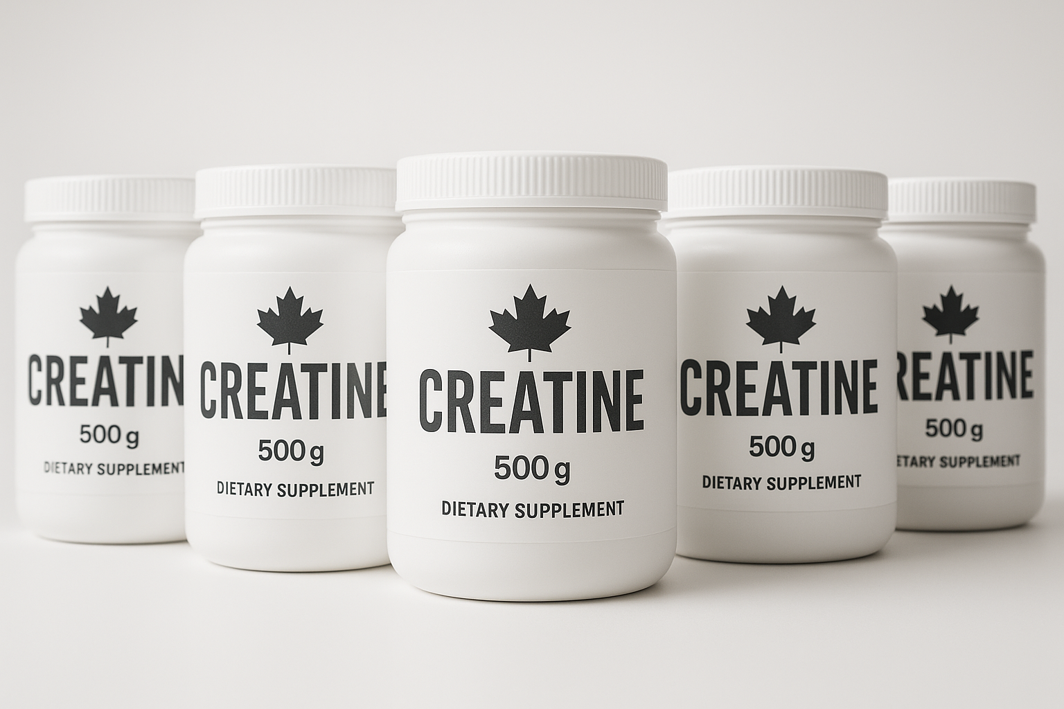 Row of Canadian creatine supplement tubs arranged on a clean white surface