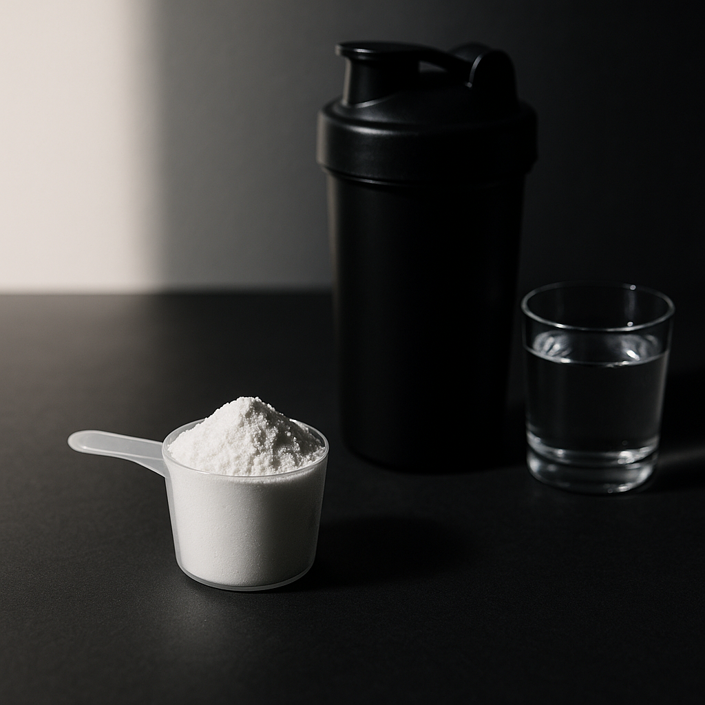 Mesure de créatine monohydrate à côté d’un shaker sur une surface mate, avec un éclairage scindé évoquant une utilisation le matin et le soir