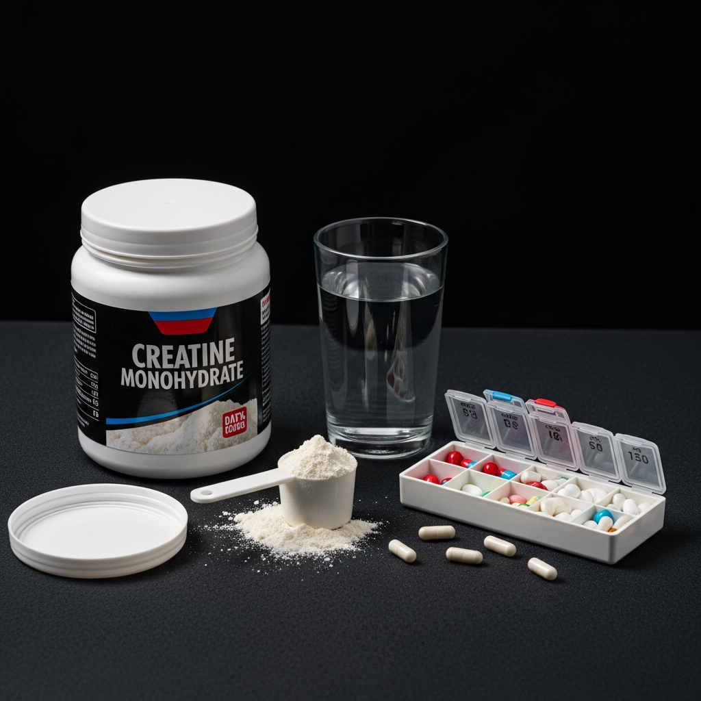 A tub of creatine monohydrate with a measuring scoop on a clean kitchen counter