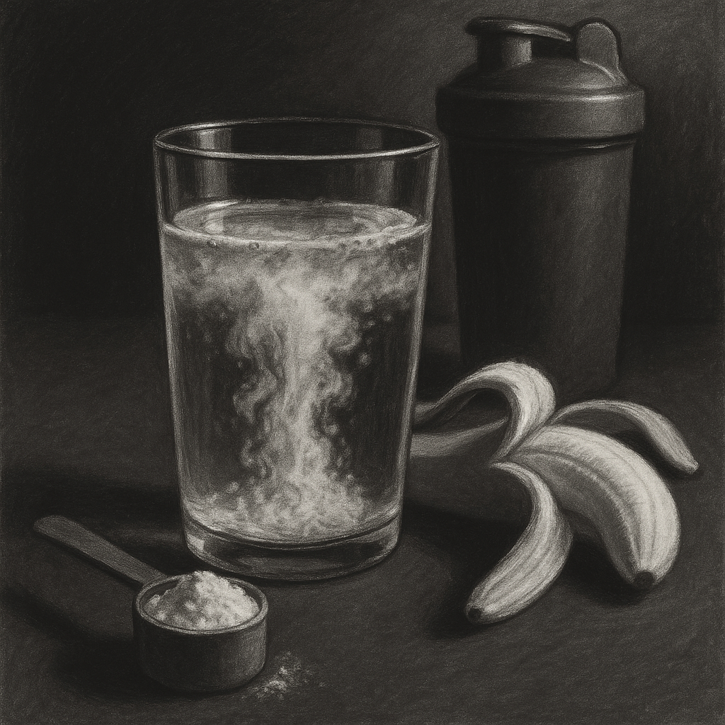 Scoop of creatine monohydrate dissolving in warm water beside a banana and shaker bottle, minimalist charcoal-and-white supplement photo