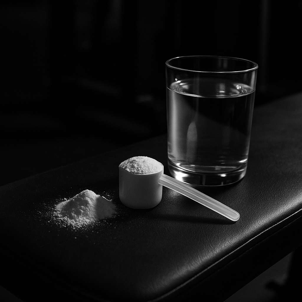 Close-up image of creatine powder, a measuring scoop, and a water glass on a gym bench in moody charcoal lighting