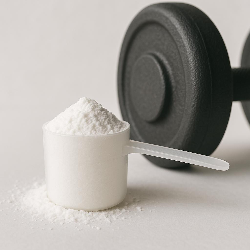 A scoop of creatine monohydrate powder beside a grey dumbbell, symbolizing muscle health for older adults
