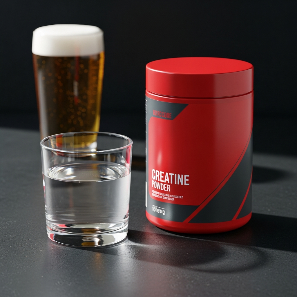 A creatine tub and water glass with a beer glass blurred in the background on a dark surface