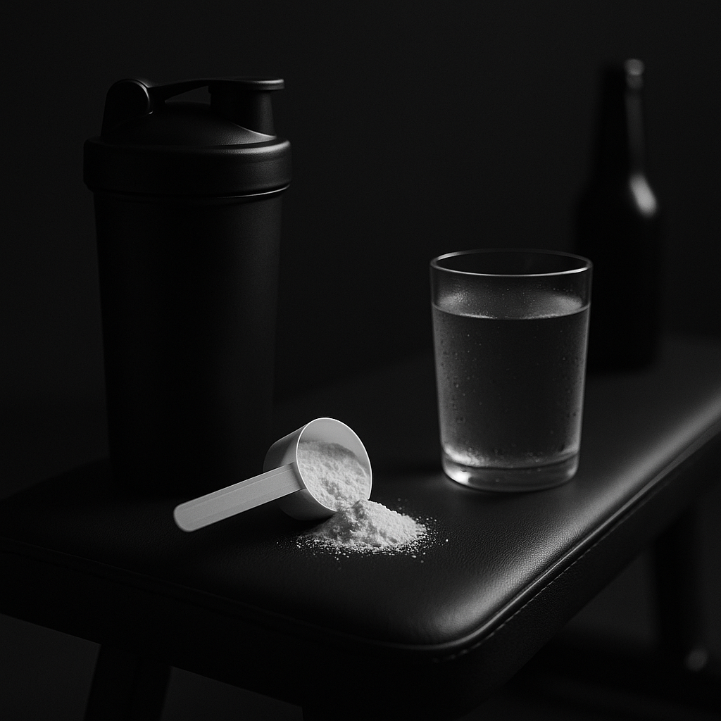 Creatine scoop and shaker bottle on a gym bench with a water glass and a beer bottle in soft focus, moody monochrome lighting