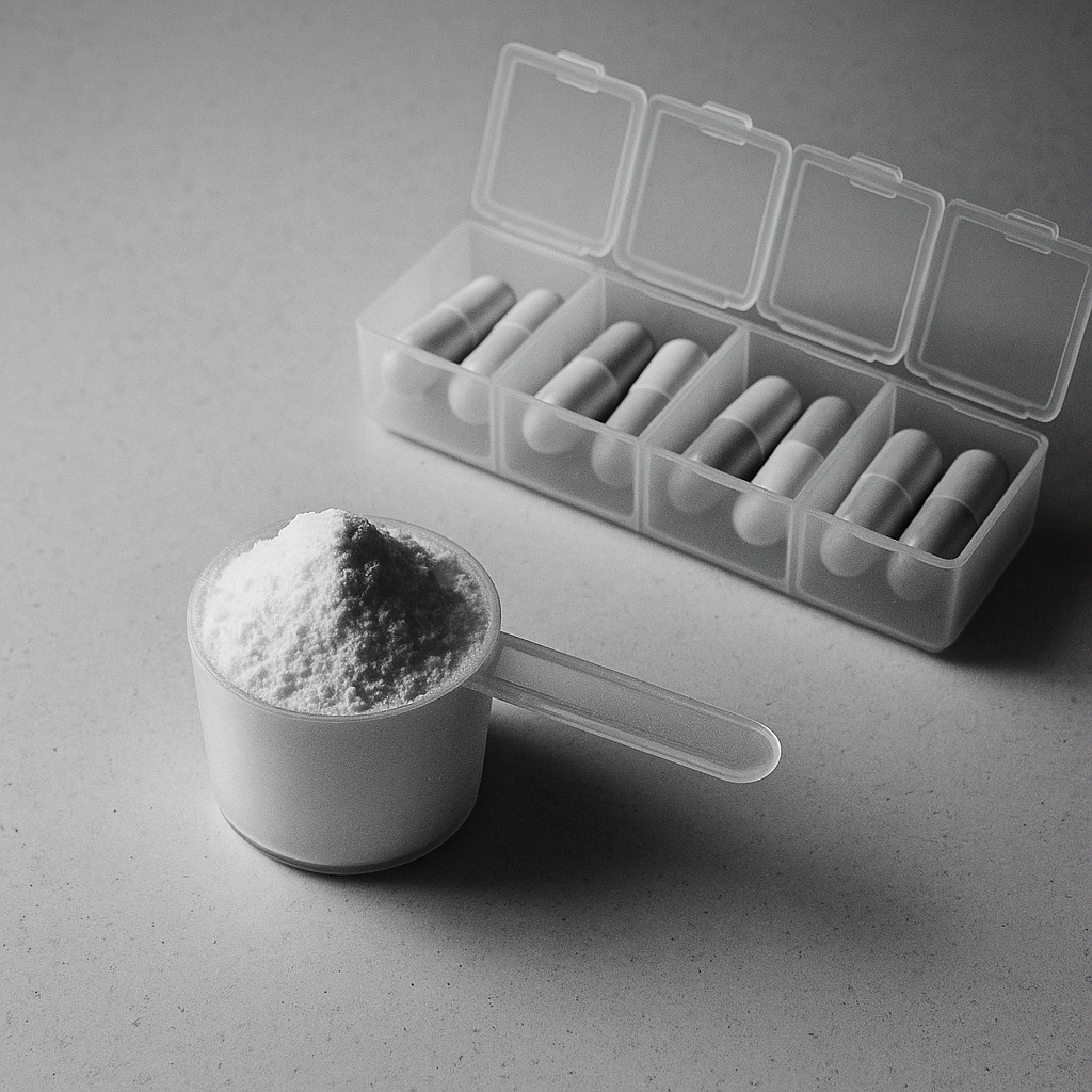A white scoop of creatine powder beside a weekly pill organizer with antidepressant capsules on a slate surface
