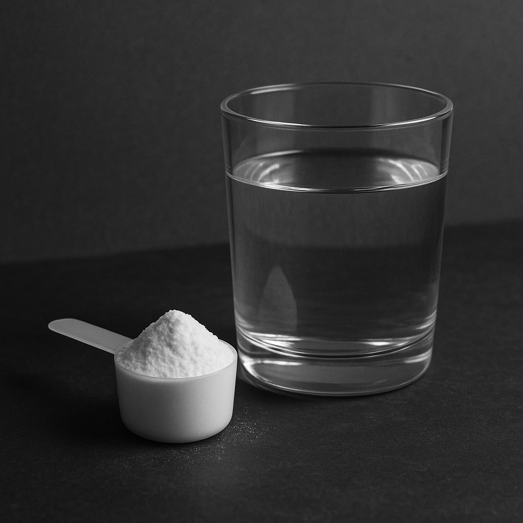 Cuillère de poudre de créatine monohydrate à côté d’un verre d’eau sur une surface en ardoise, lumière douce, tons monochromes apaisants