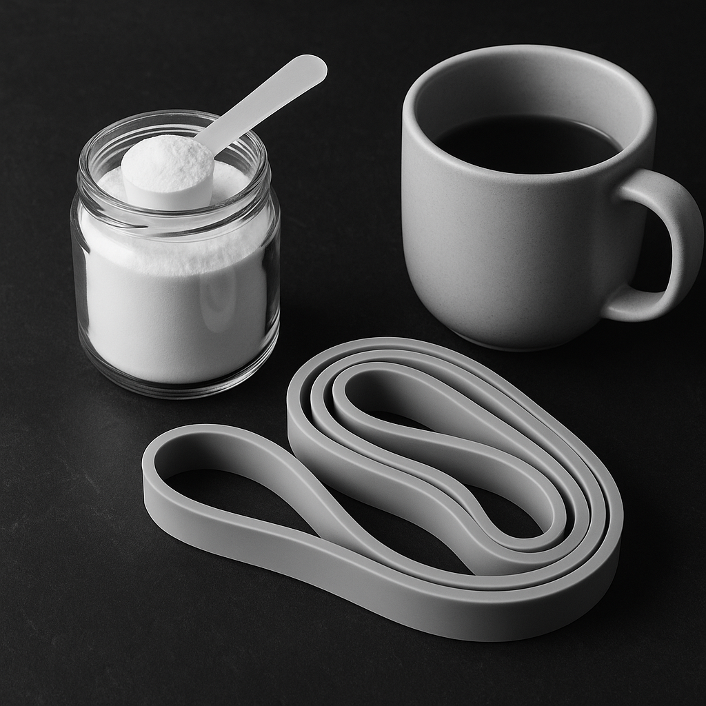 Creatine monohydrate powder measured by a spoon next to a pair of light resistance bands and a ceramic mug on a dark slate surface