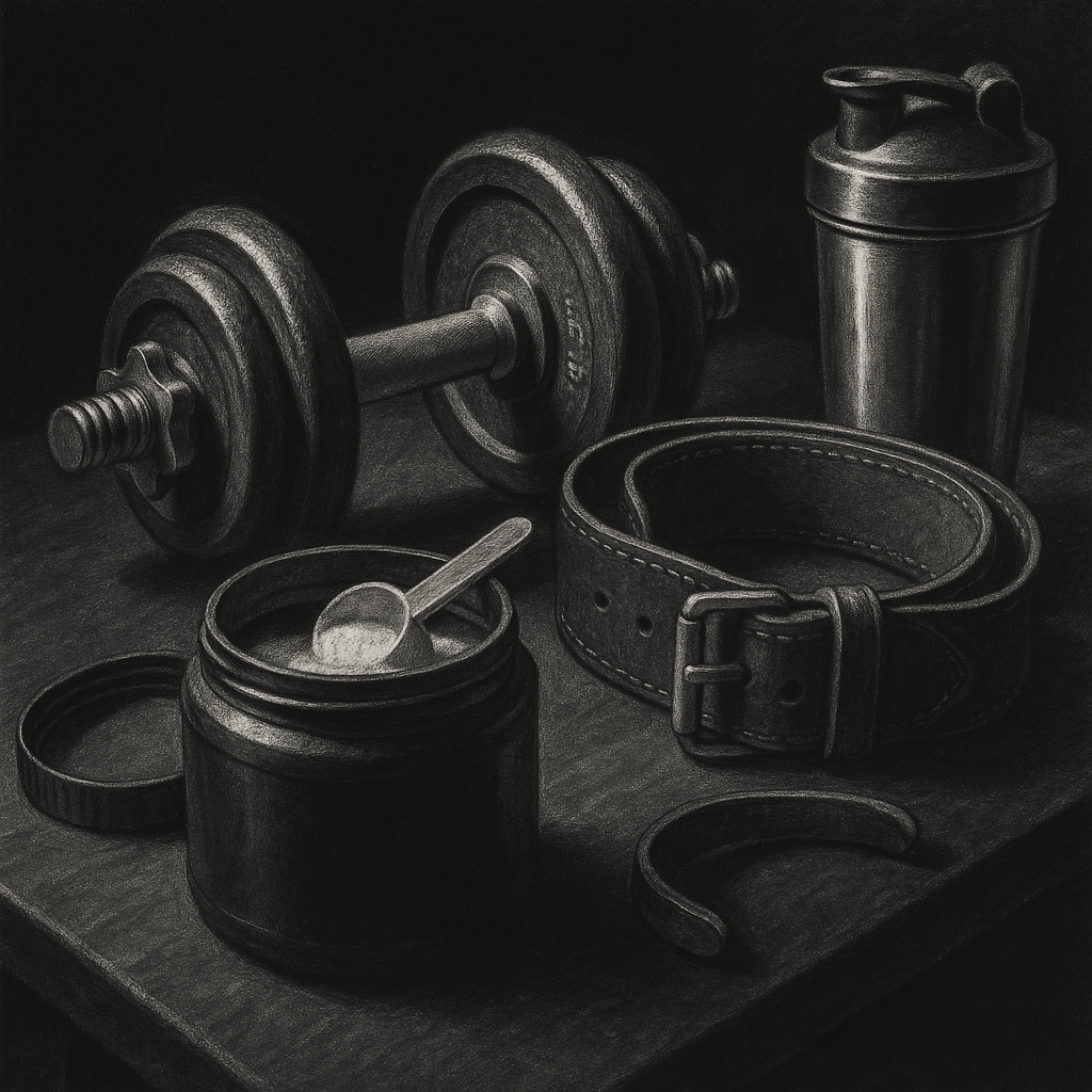 Mesure de créatine monohydrate à côté d’une ceinture de bodybuilding, d’un haltère et d’un shaker sur un banc de gym foncé