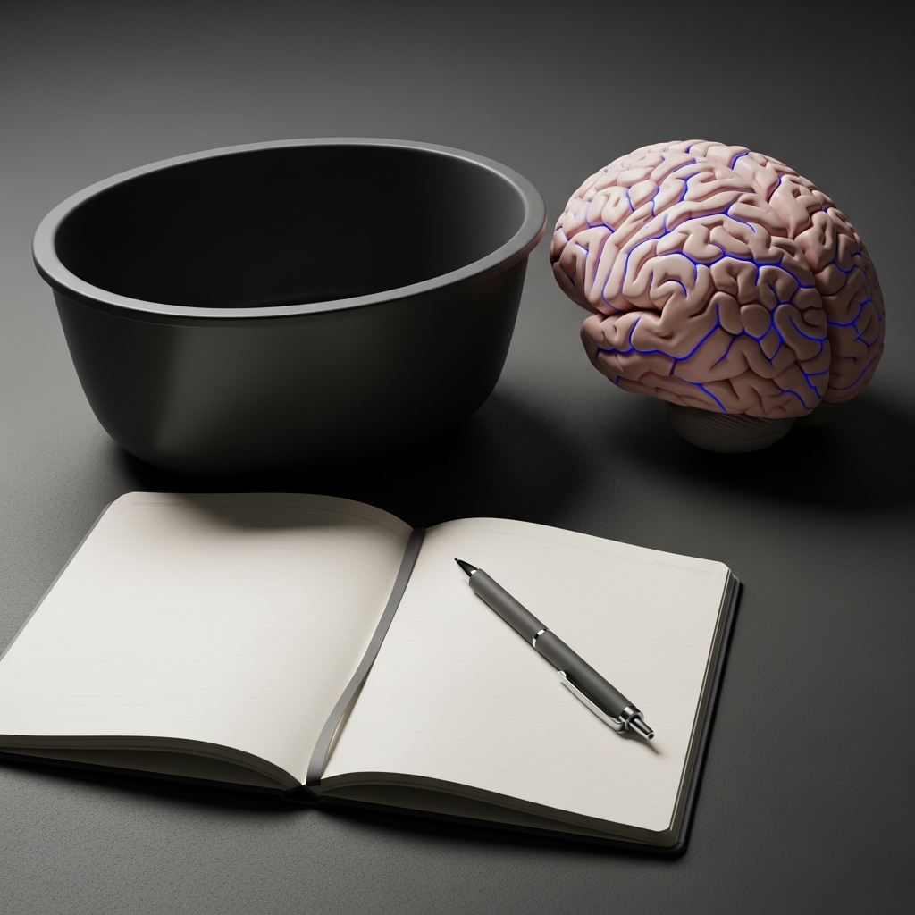 Un pot de créatine à côté d’un modèle de cerveau et d’un carnet sur une surface sombre éclairée en bleu électrique