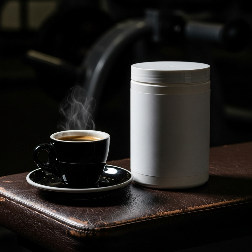 Espresso cup and creatine container on a gym bench