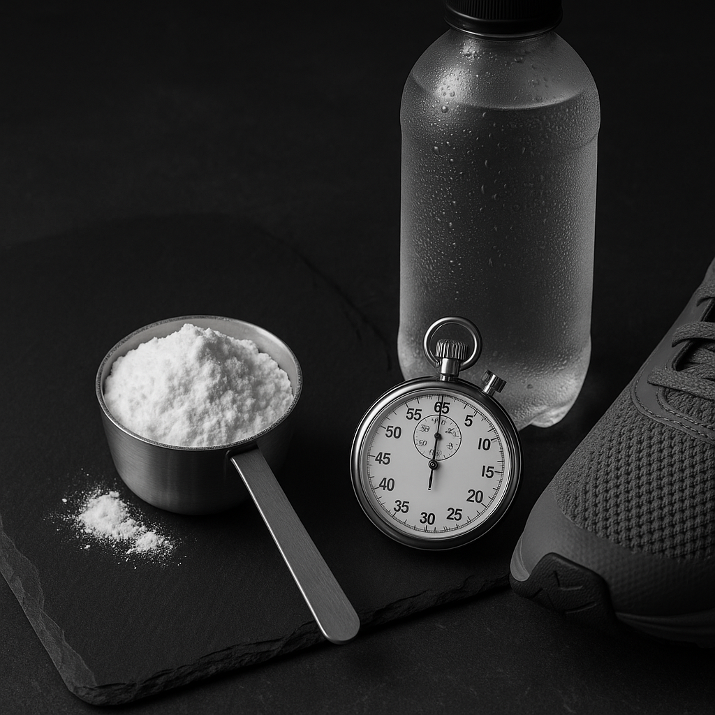 Top-down view of a scoop of creatine monohydrate beside a stopwatch, a water bottle, and road-running shoes on a dark textured surface.