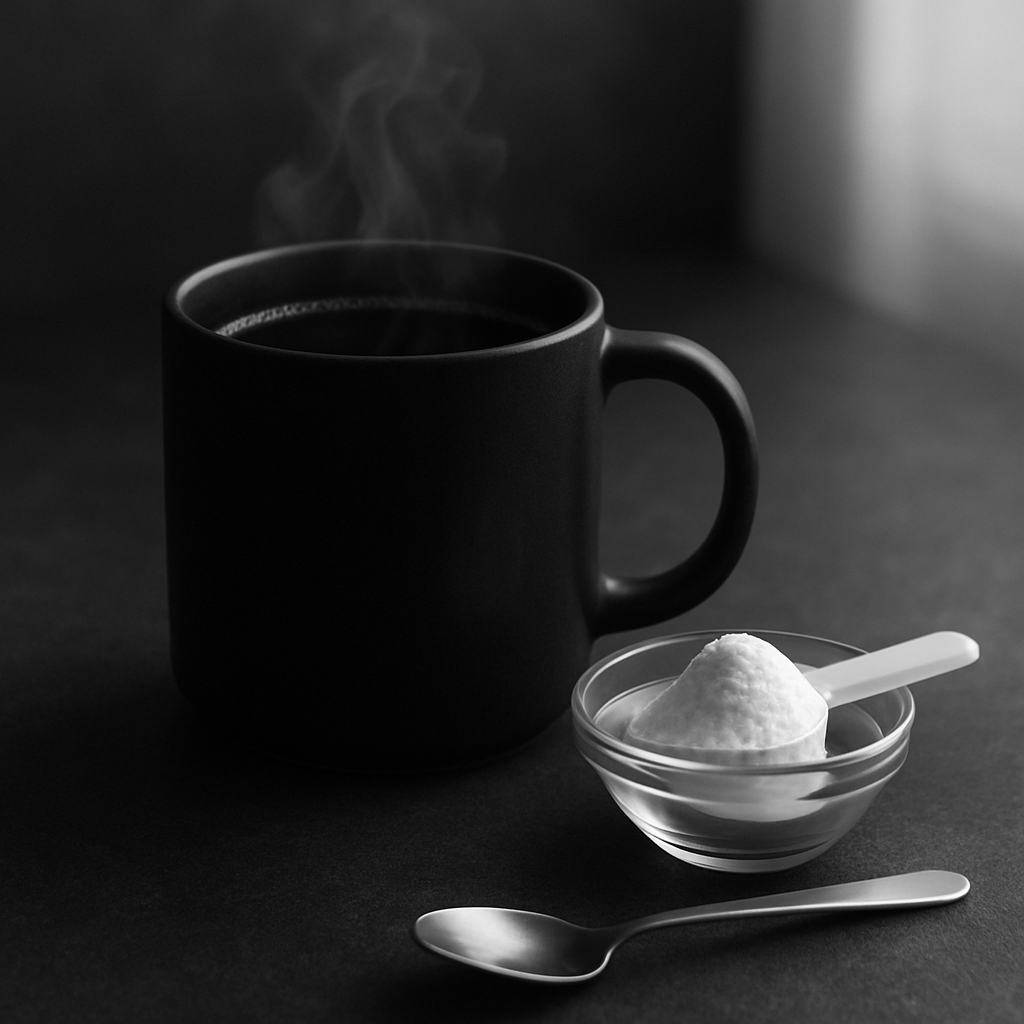 A teaspoon of white creatine monohydrate powder beside a steaming mug of black coffee on a dark countertop.