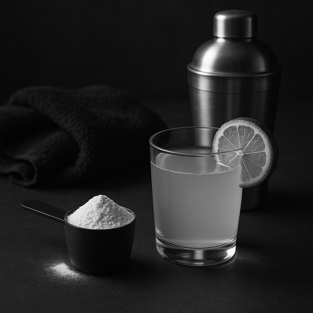 Creatine monohydrate scoop beside a glass of collagen peptides mixed in water with a citrus slice on a dark gym bench.