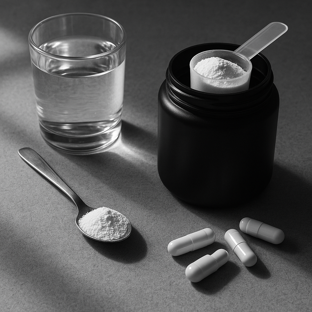 Creatine powder and capsules beside a glass of water on a charcoal background, with a soft linen napkin—clean, clinical supplement aesthetic, no faces or text.