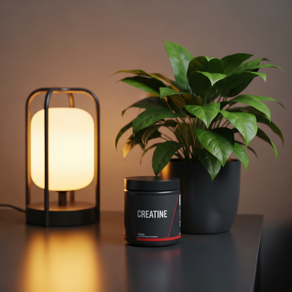 A creatine tub beside a calm green plant and warm lamp on a dark desk surface