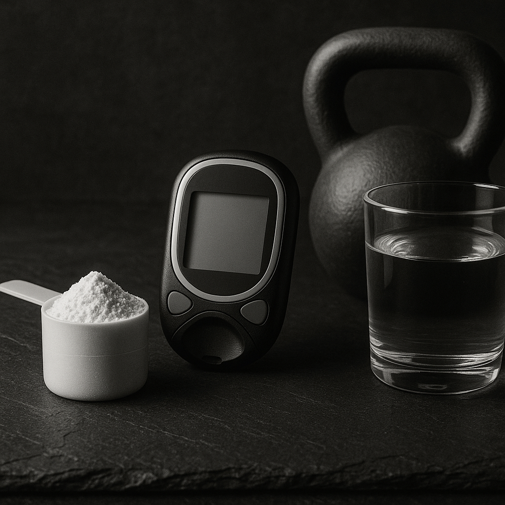 Mesure de créatine monohydrate à côté d’un lecteur de glycémie et d’un kettlebell sur un comptoir foncé