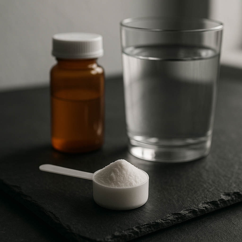 Creatine monohydrate scoop beside a prescription pill bottle and a glass of water on a clean countertop