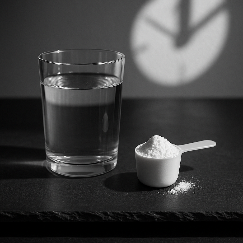 Scoop of white creatine powder beside a clear glass of water on a dark slate surface, soft morning light suggesting a fasting window