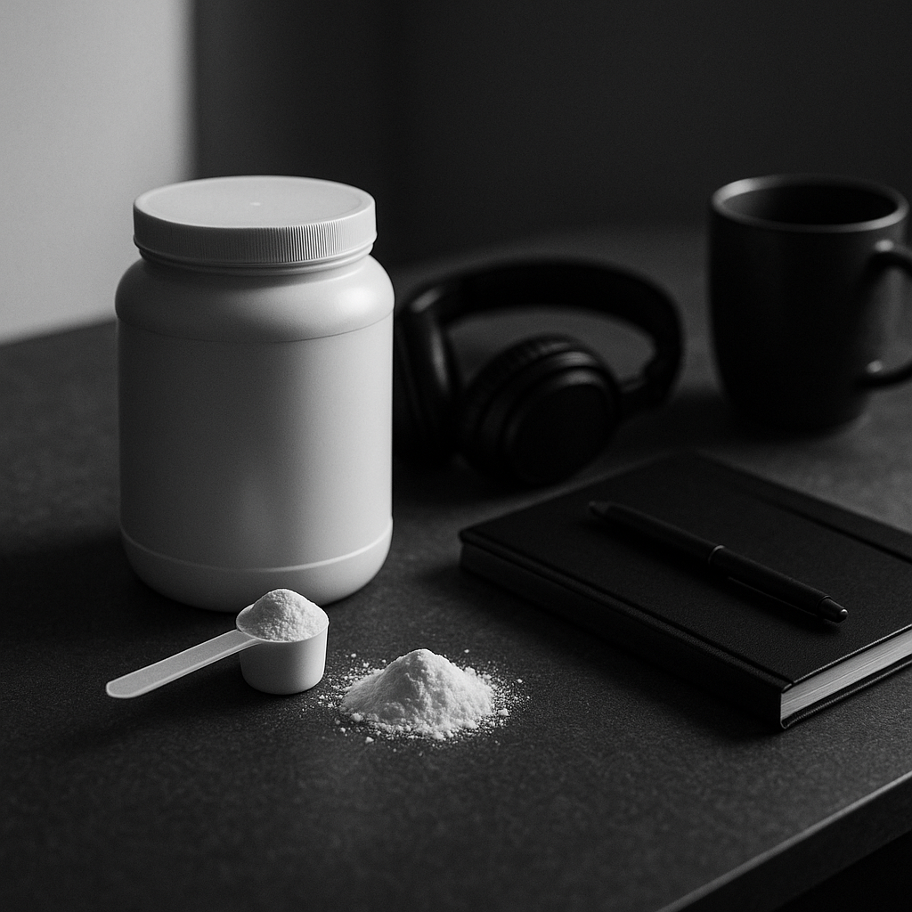 A scoop of creatine monohydrate beside a notebook, pen, headphones, and a coffee mug on a charcoal grey desk, evoking study and focus under fatigue.