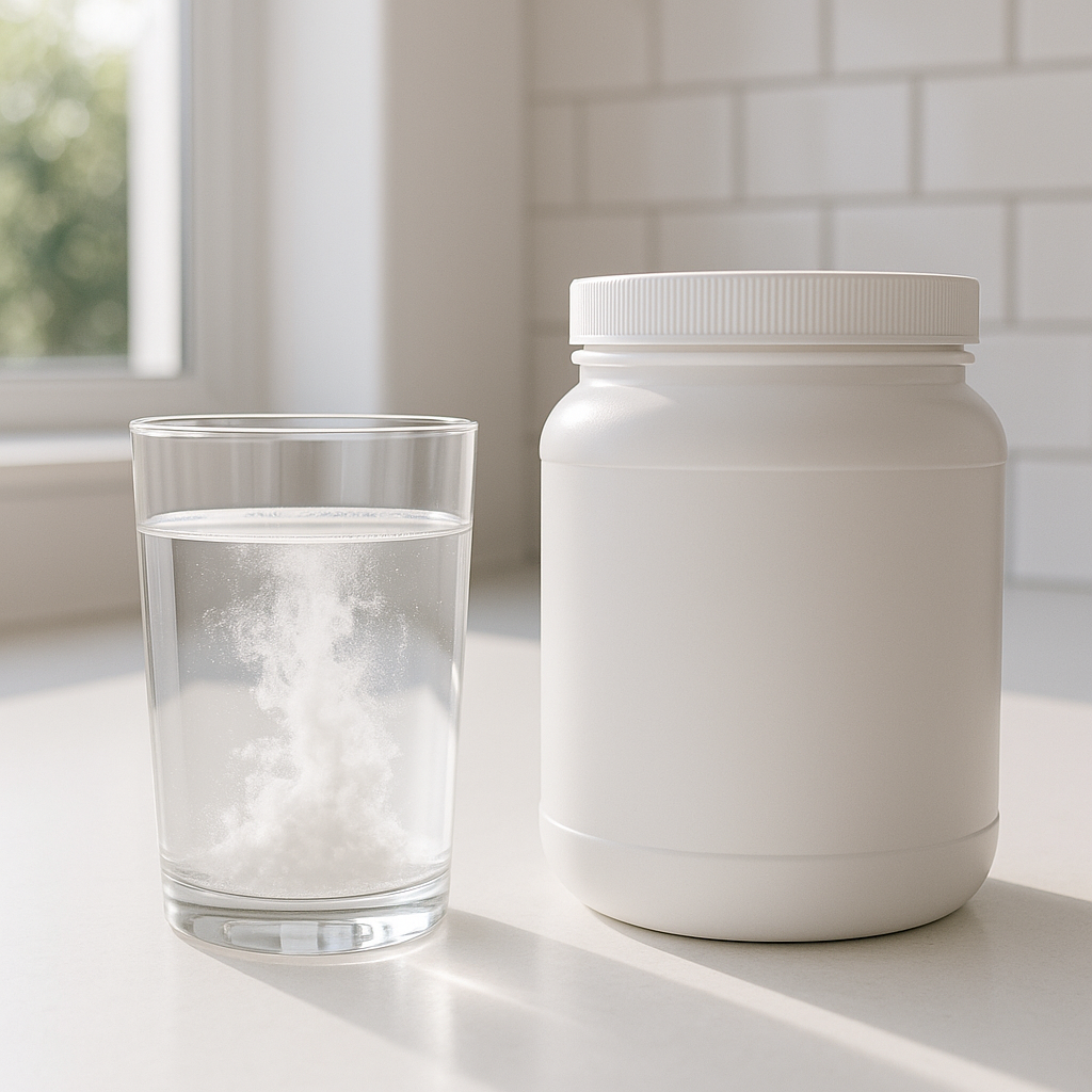 Un verre d’eau avec de la poudre de créatine en train de se dissoudre, à côté d’un contenant blanc sur un comptoir de cuisine propre