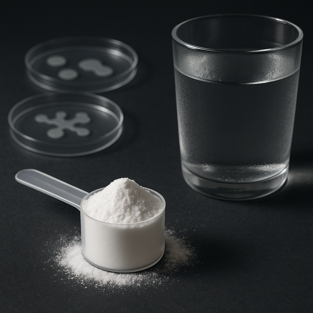 Scoop of creatine monohydrate beside a glass of water and stylized petri dishes representing gut bacteria